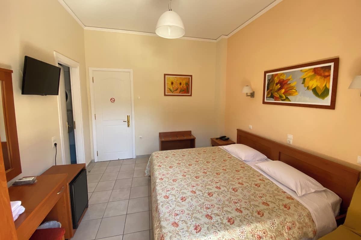 A hotel room with a bed, a desk, a television, a door, and two paintings on the wall.