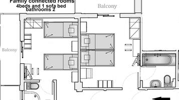 A floor plan of a family connected room with 4 beds, 1 sofa bed, and 2 bathrooms.