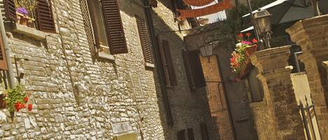 Una estrecha calle con edificios de piedra, contraventanas de madera y macetas colgantes de flores.