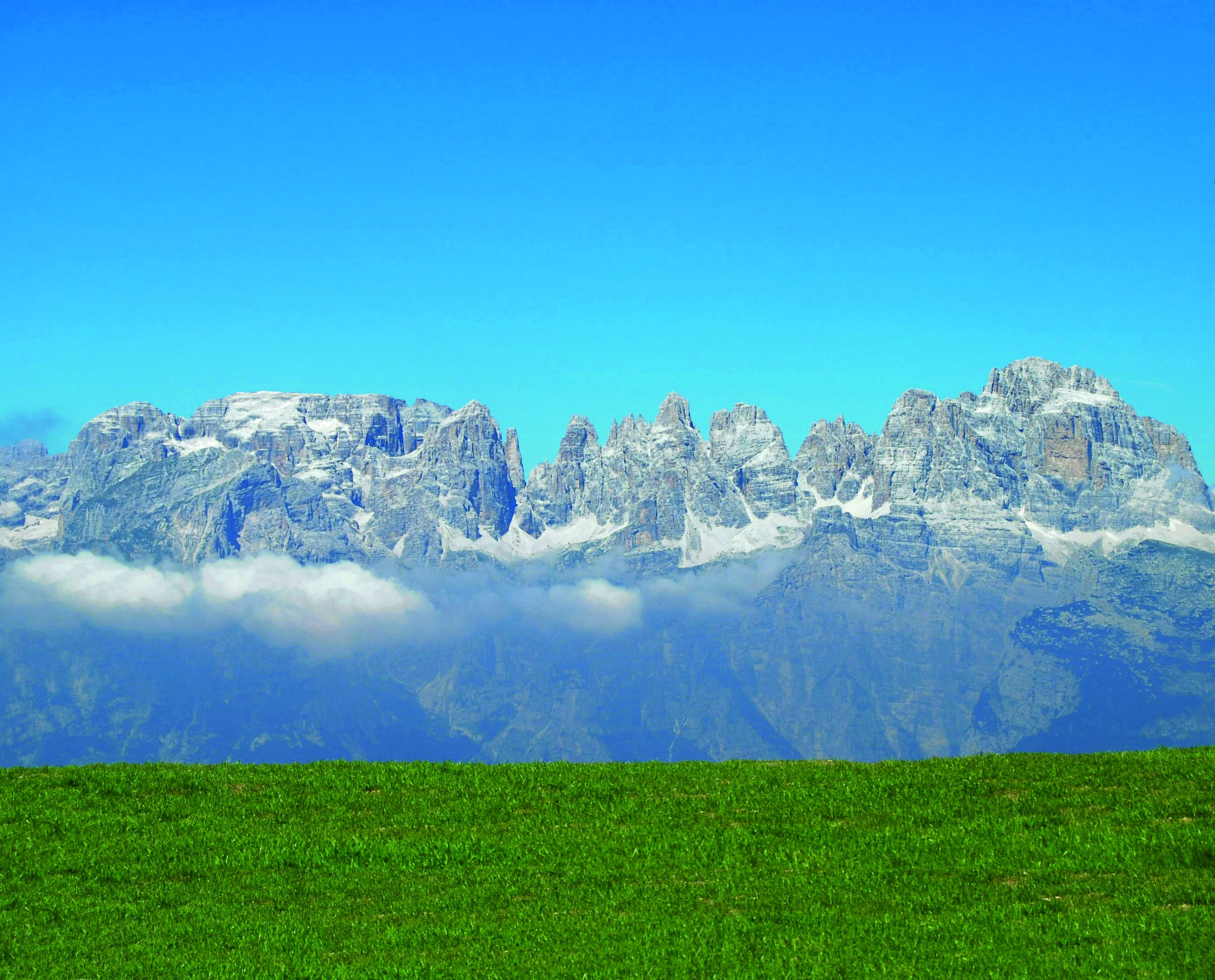 A mountain range with snow-capped peaks and a green field in the foreground.