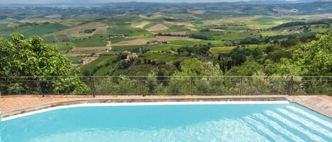 A swimming pool with a view of rolling hills and vineyards.