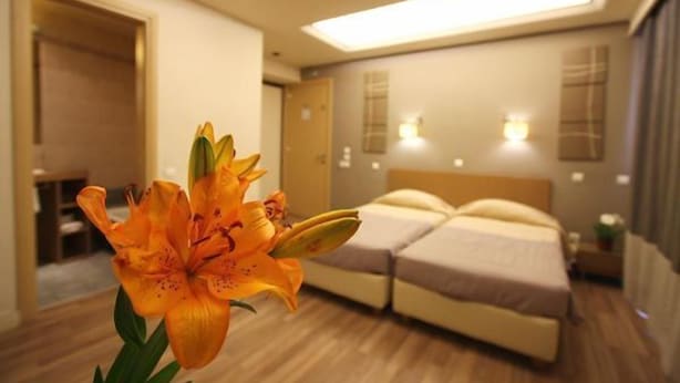 A hotel room with a bed, bedside tables, and a flower in the foreground. - Ariston (Athens)