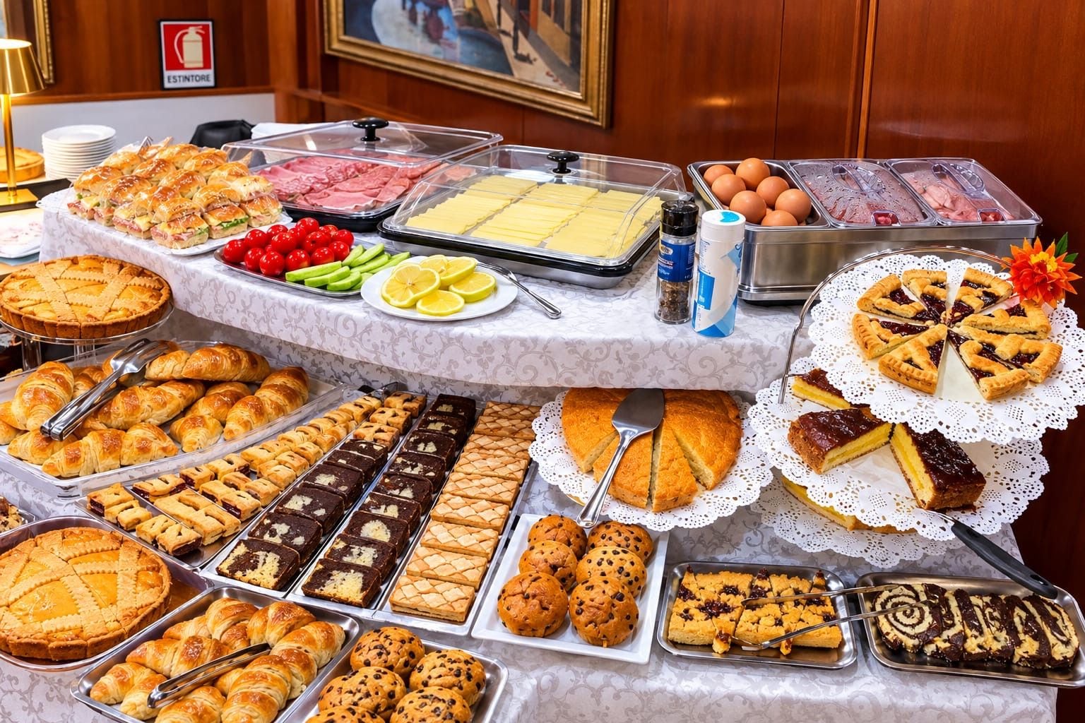 A buffet with various food items including pastries, pies, and sandwiches.