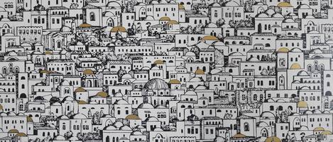 A detailed illustration of a densely packed cityscape with numerous buildings and domed structures.