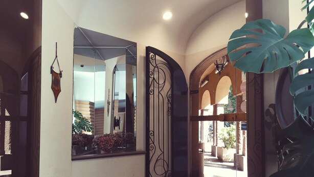 A hallway with a large mirror, a decorative metal gate, and a potted plant. - Albergo della Corona (Binasco)