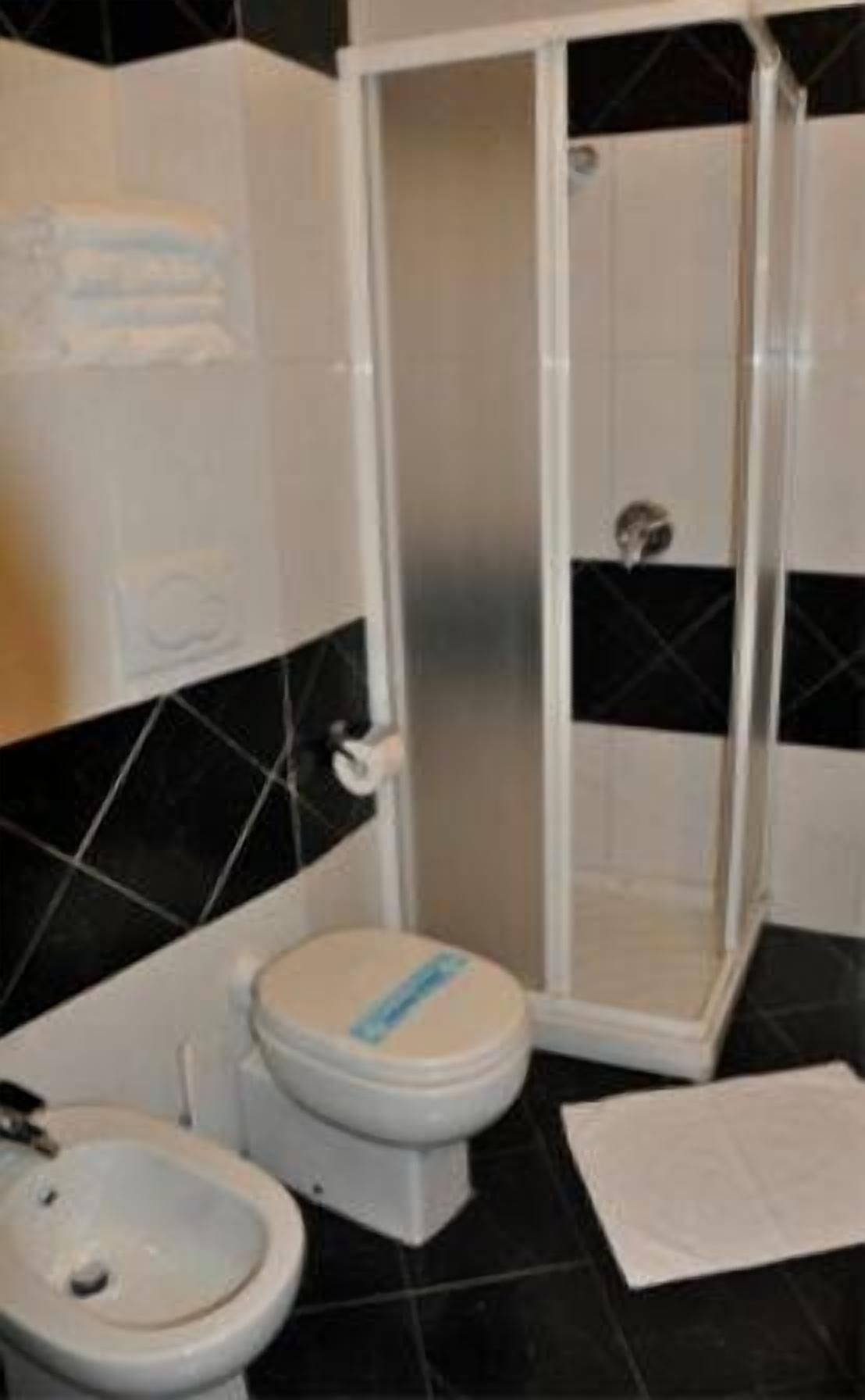 A bathroom with a toilet, bidet, and a shower enclosure.