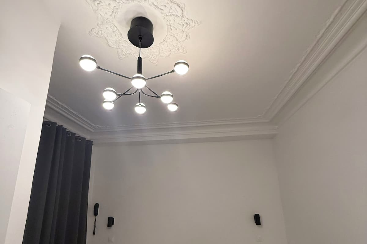 A room with two beds, a ceiling light fixture, and a wall-mounted telephone.