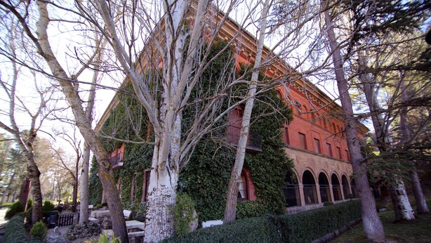A historic building with arched windows and ivy-covered walls. - Xabier (Javier)