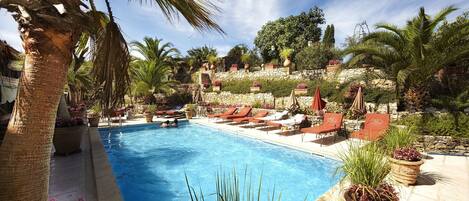 Outdoor pool, pool umbrellas, pool loungers