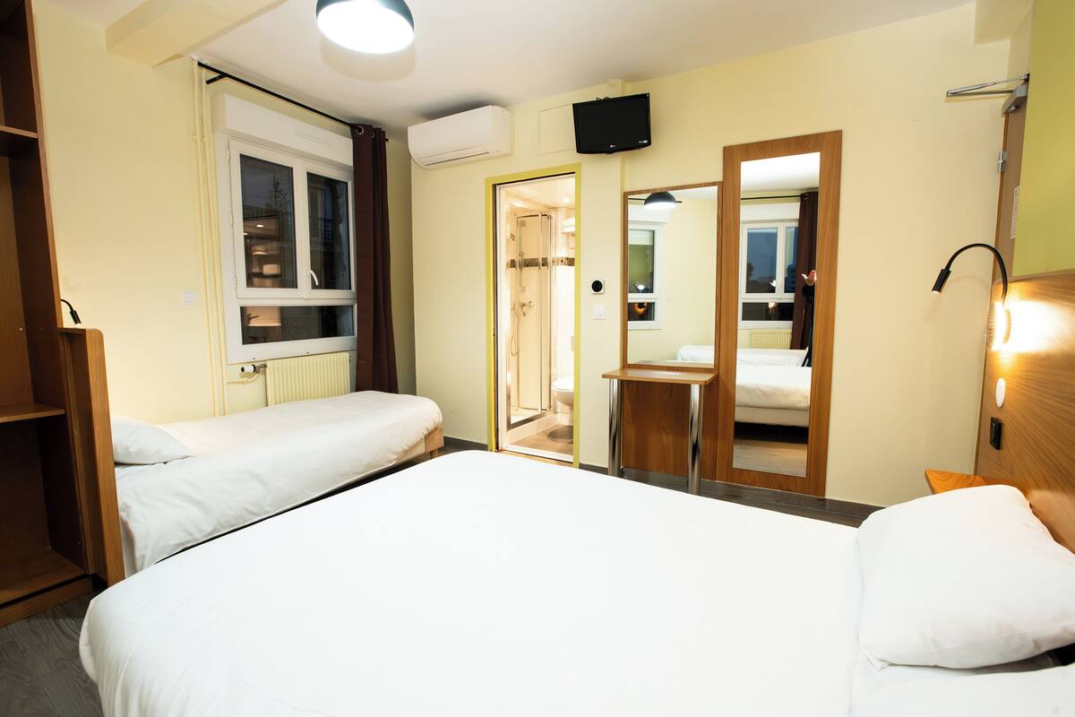 Une chambre d’hôtel avec deux lits, un espace douche, une télévision et un miroir.