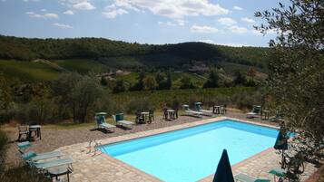 Outdoor pool, open 9:00 AM to 8:00 PM, pool umbrellas