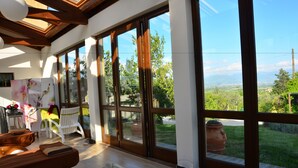 A sunlit room with large windows, a wooden ceiling, and a view of a green landscape.