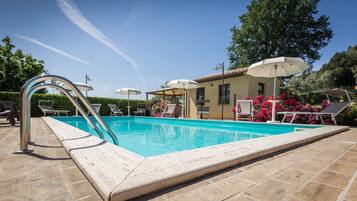 AuĂenpool, geöffnet von 08:00 Uhr bis 19:30 Uhr, Sonnenschirme