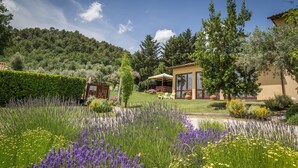 A villa with a garden featuring lavender and yellow flowers, a wooden deck, and a view of a forested hill.