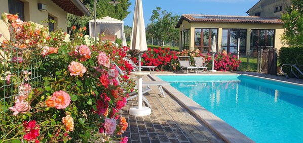 Outdoor pool, open 8 AM to 7:30 PM, pool umbrellas, pool loungers