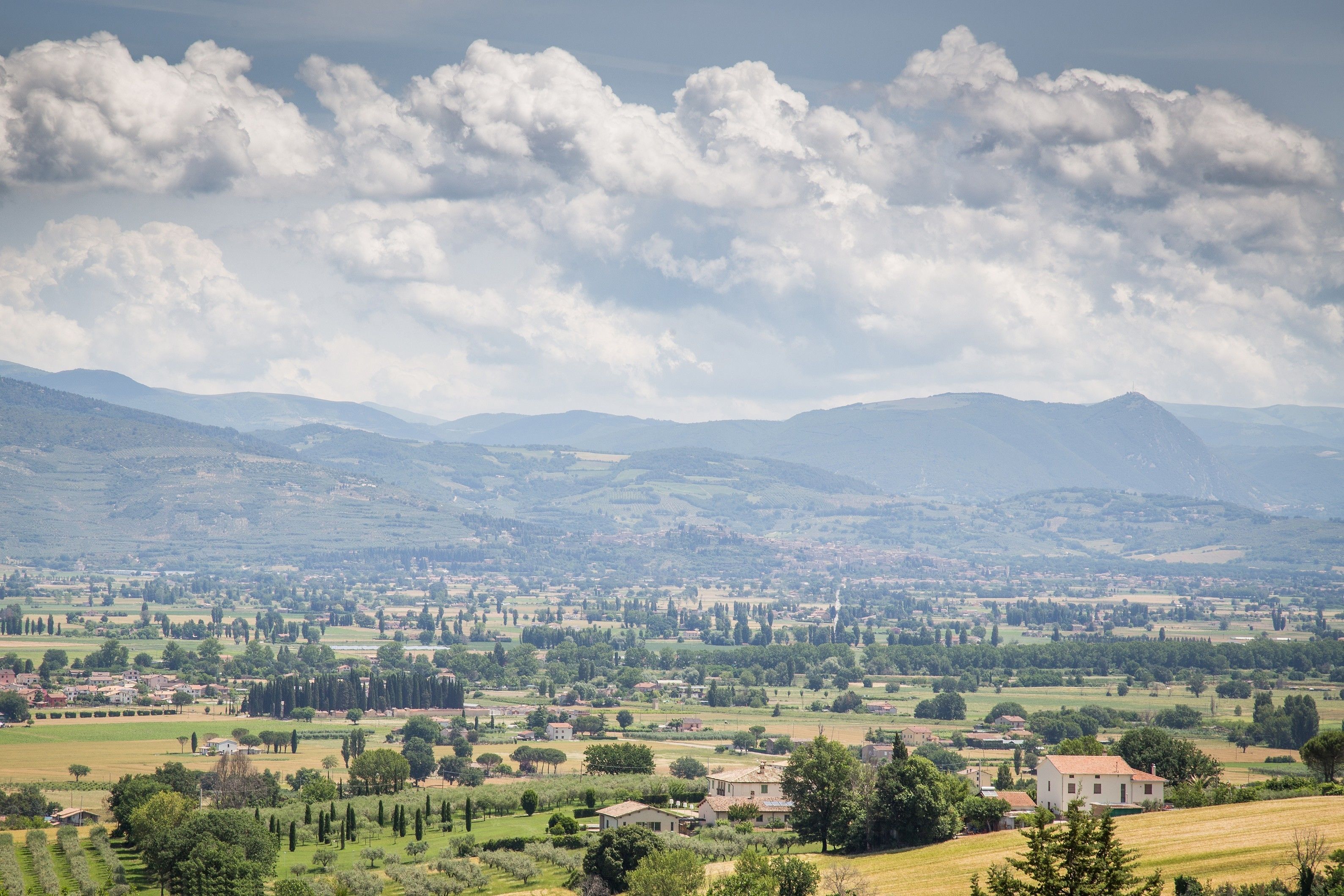 A rural landscape with rolling hills, scattered houses, and a prominent mountain in the background.