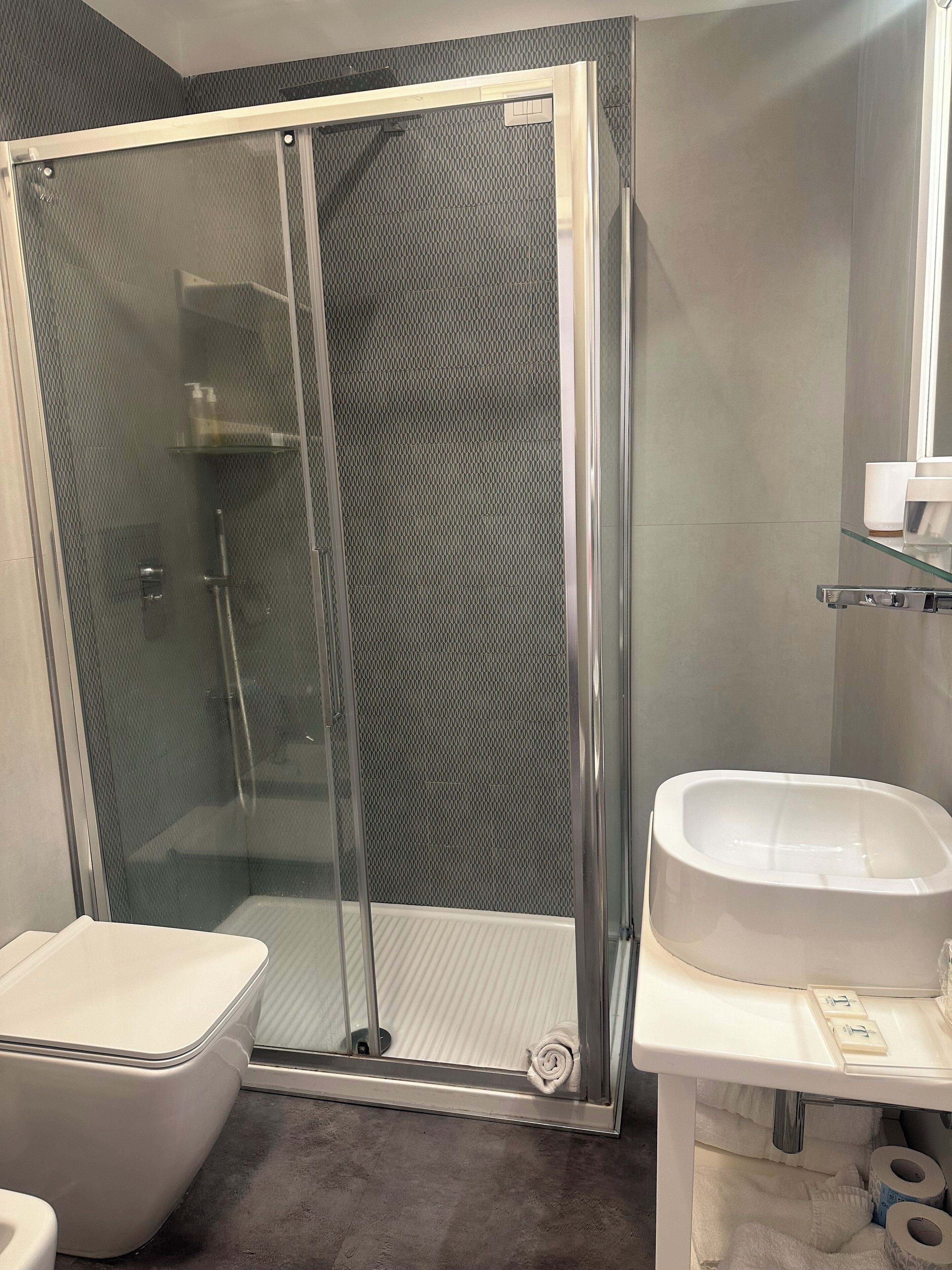 A modern bathroom with a glass-enclosed shower, a white sink, and a toilet.
