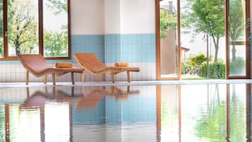 Indoor pool, seasonal outdoor pool, pool umbrellas, sun loungers