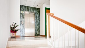 A modern elevator with a green accent wall, a wooden handrail, and a potted plant. - Hotel Milan (Rosolina)