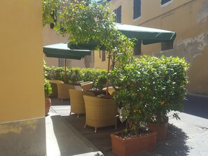 Un espacio al aire libre con mobiliario de mimbre y plantas en macetas, con sombrillas verdes que dan sombra.