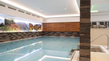 A modern indoor swimming pool with a clear view of the surrounding area, including a wooden panel wall and a tiled floor.