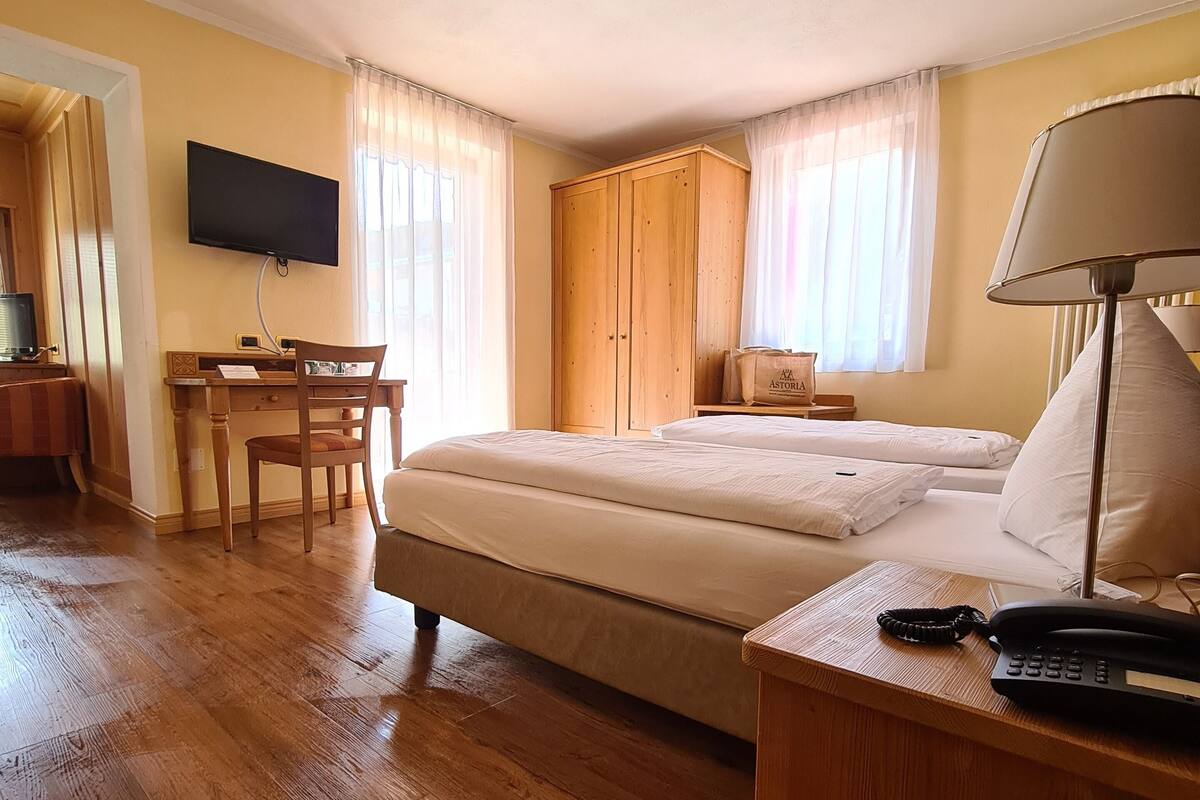 Habitación de hotel con suelo de madera, una cama, un escritorio con silla, televisor y armario.