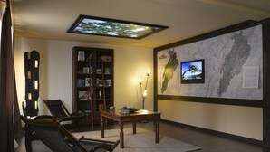 A room with a skylight, a bookshelf, a map on the wall, and a television.