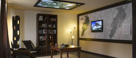 A room with a skylight, a bookshelf, a map on the wall, and a television.