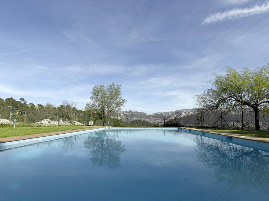 A rectangular swimming pool with clear blue water, surrounded by a grassy area and trees.