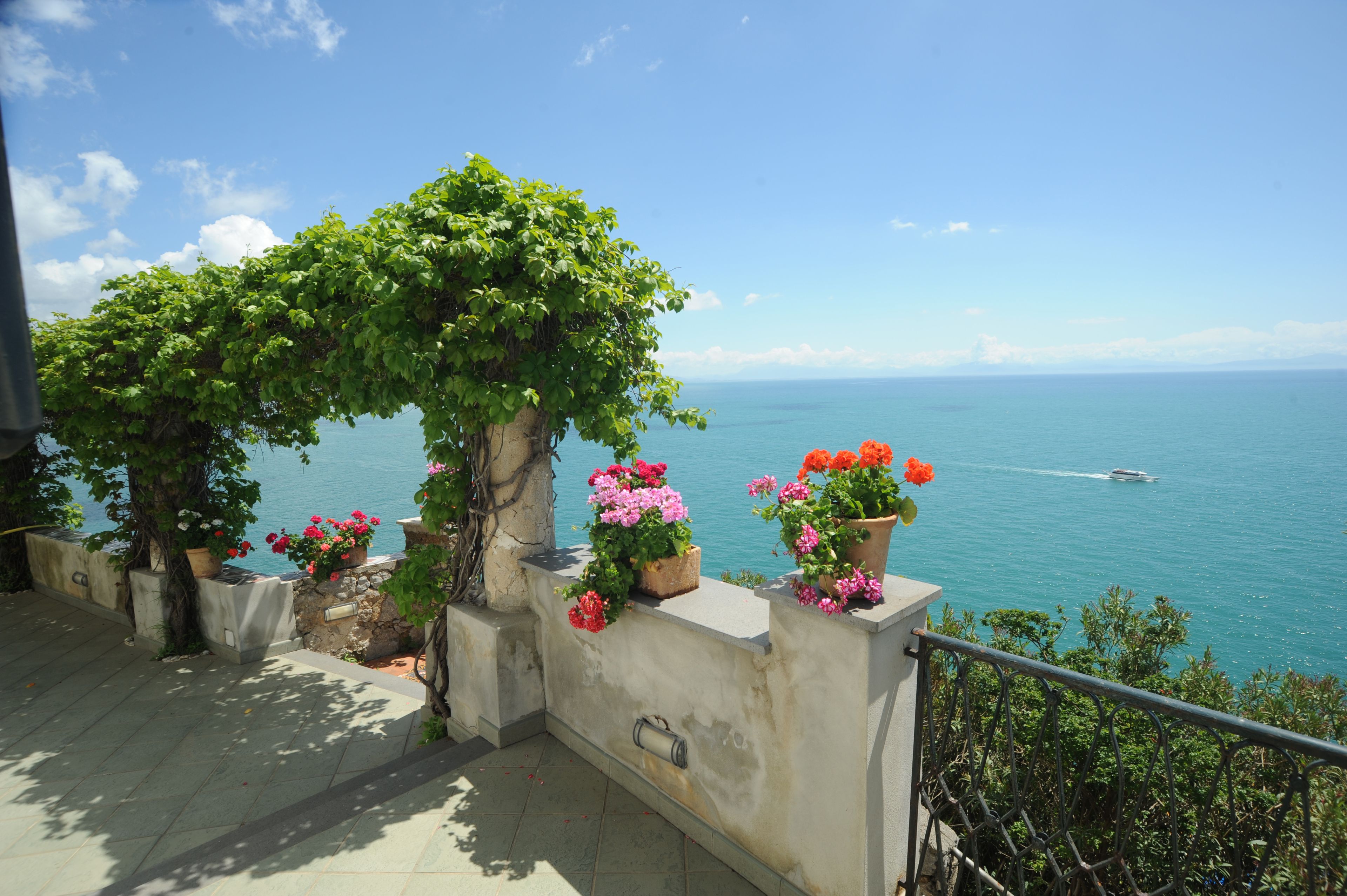 A balcony with potted flowers and a view of the sea.