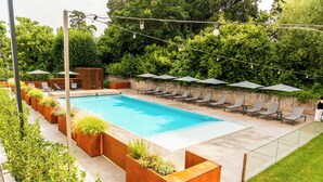 Una piscina rectangular con sillas de descanso y sombrillas, rodeada de macetas y un área verde.