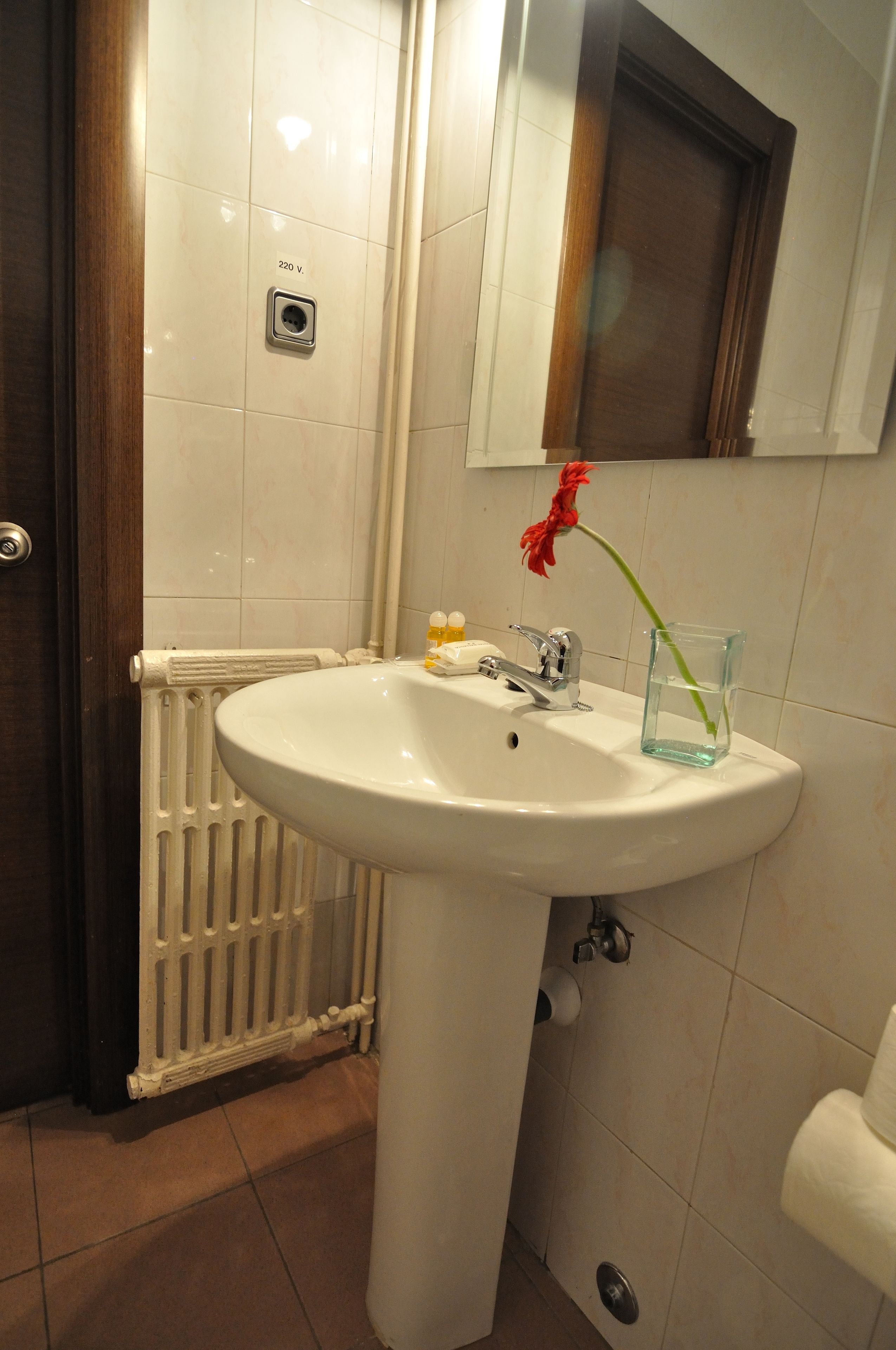 Un baño con un lavamanos blanco, un espejo encima y una puerta de madera.