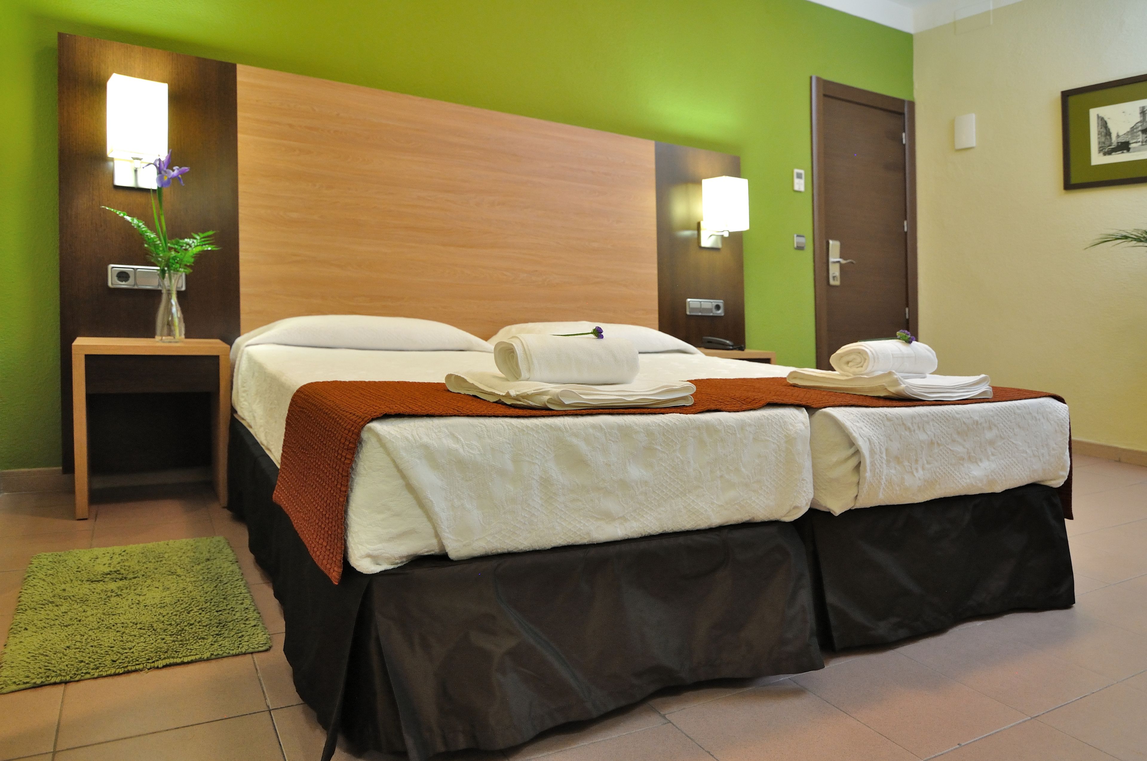 A hotel room with a large bed, two bedside tables, a green rug, and a wall-mounted lamp.