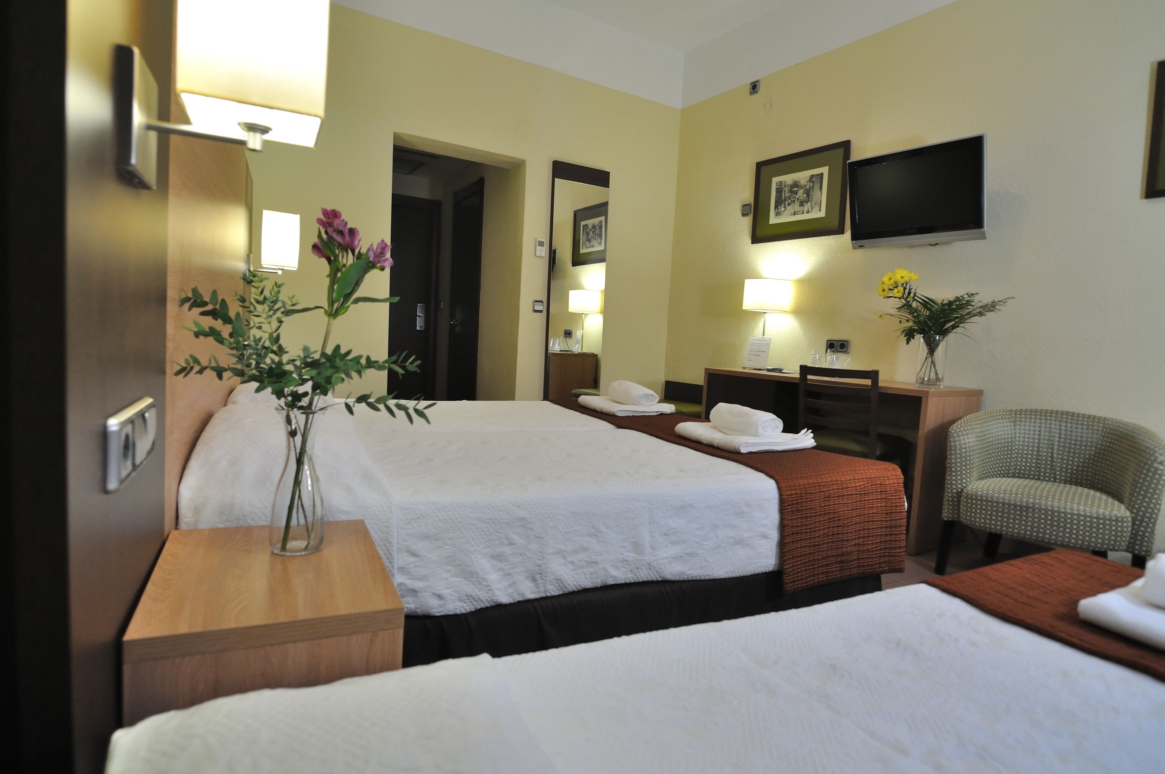 Een hotelkamer met twee bedden, een bureau, een stoel, een televisie en een spiegel.