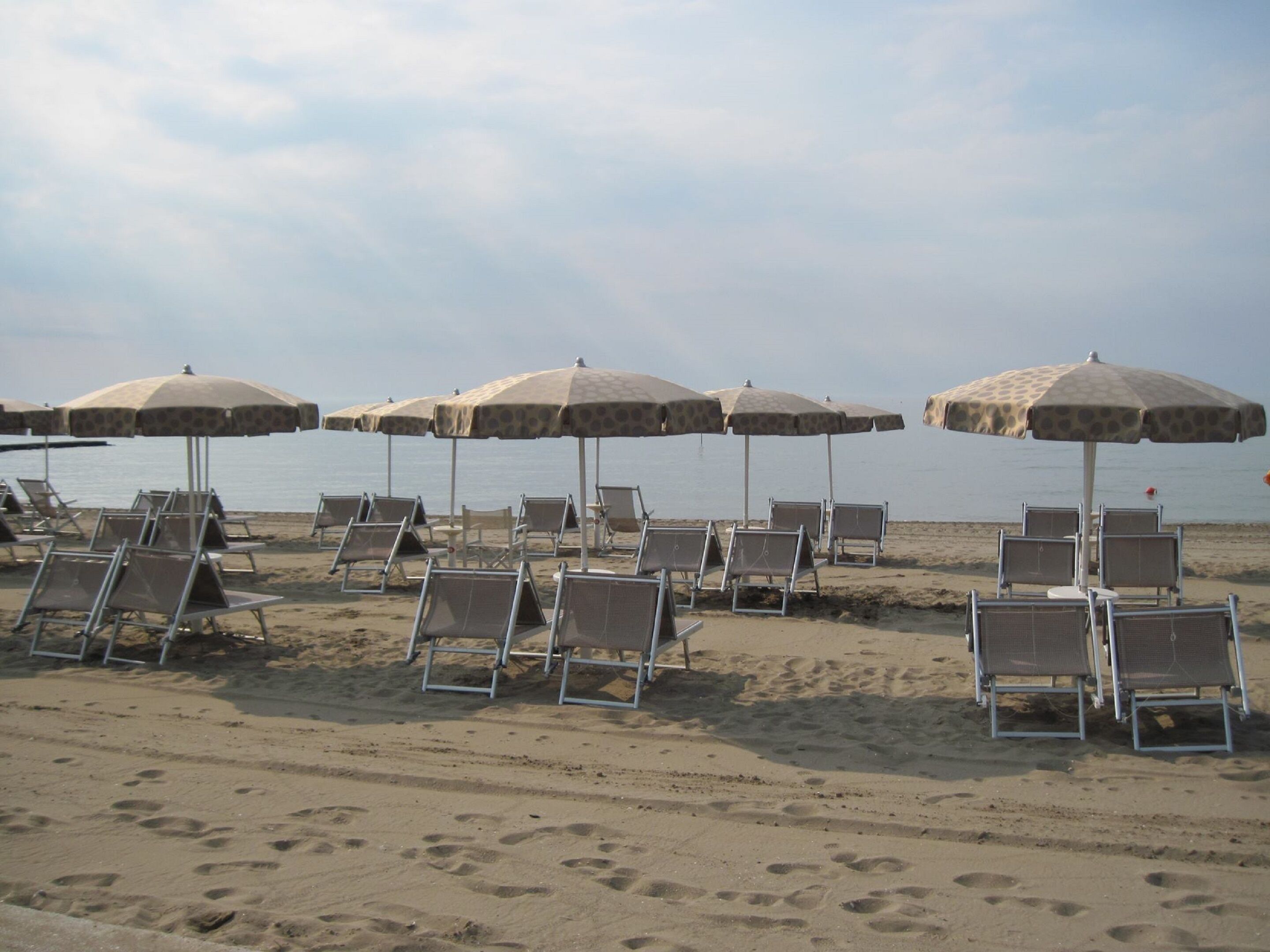 Beach chairs and umbrellas arranged on the sand.