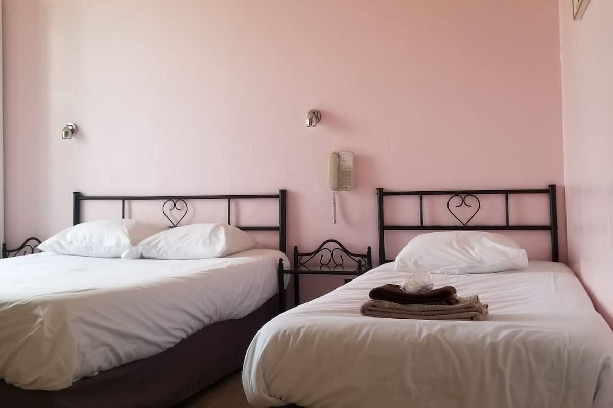 Two single beds with heart-shaped headboards in a room with pink walls.