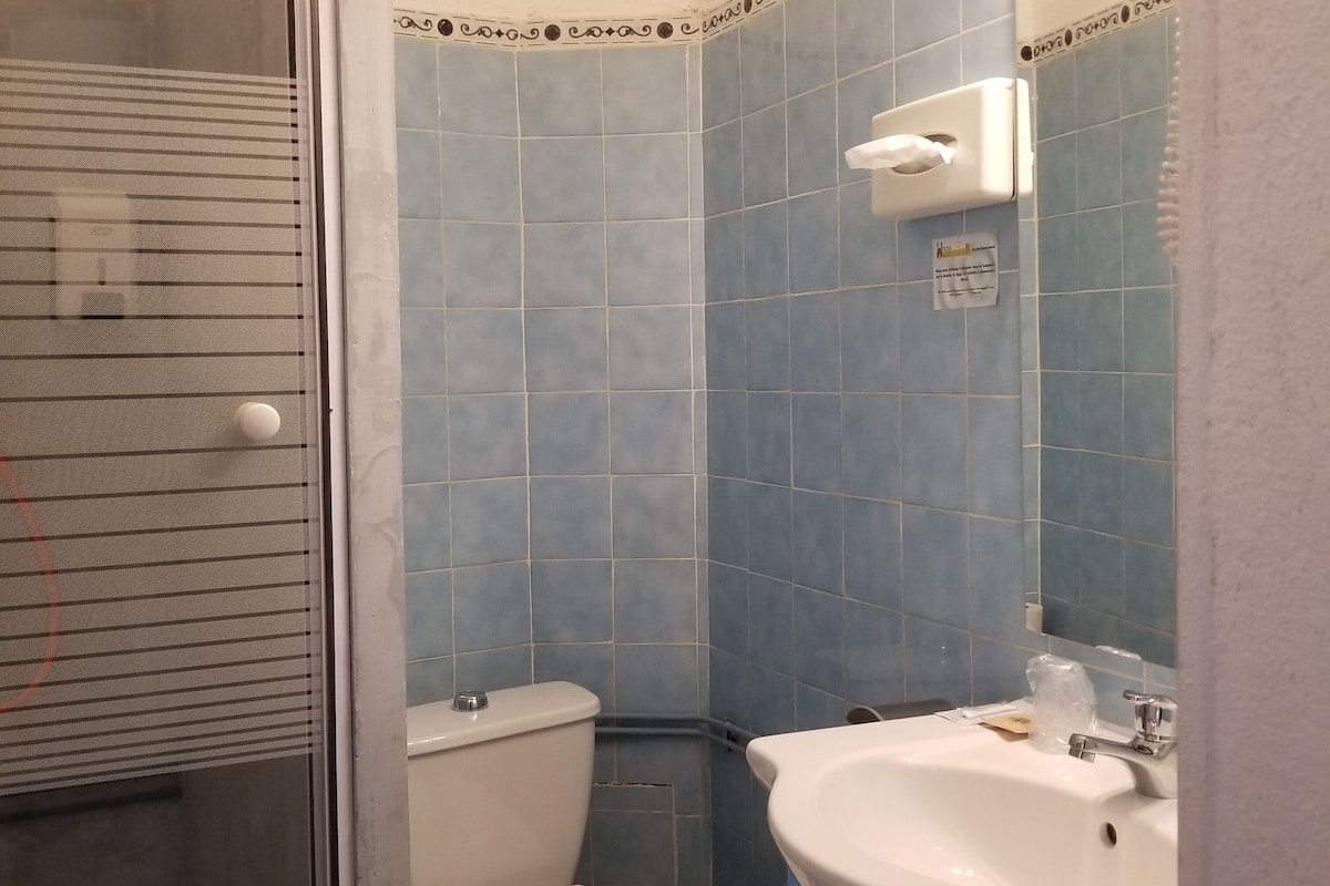standard double room | bathroom | shower, rainfall showerhead, hair dryer, towels
