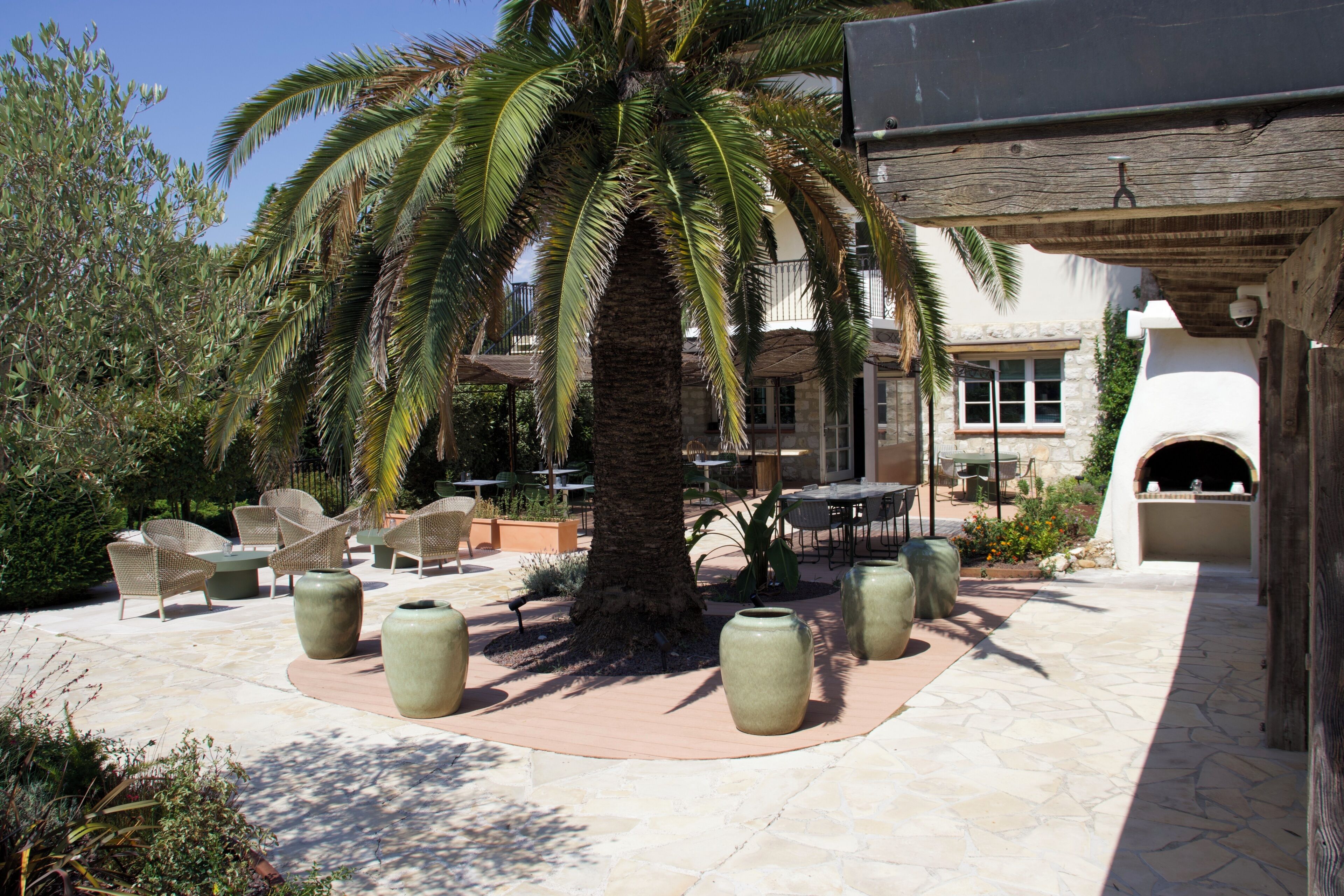 An outdoor patio area with a palm tree, wicker furniture, and large planters.