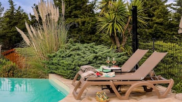 Seasonal outdoor pool, pool umbrellas, pool loungers