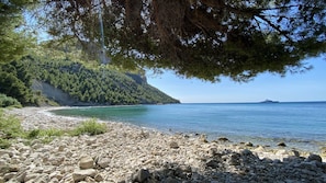 A rocky beach with clear water, a distant ship, and a forested cliff. -  Pamela Hôtel Cassis (Cassis)