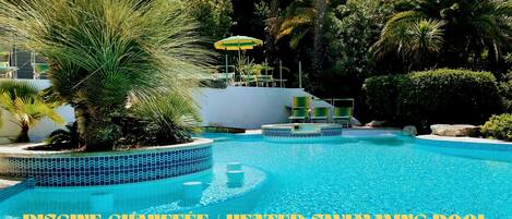 A heated swimming pool with a tiled edge, surrounded by palm trees and lounge chairs.