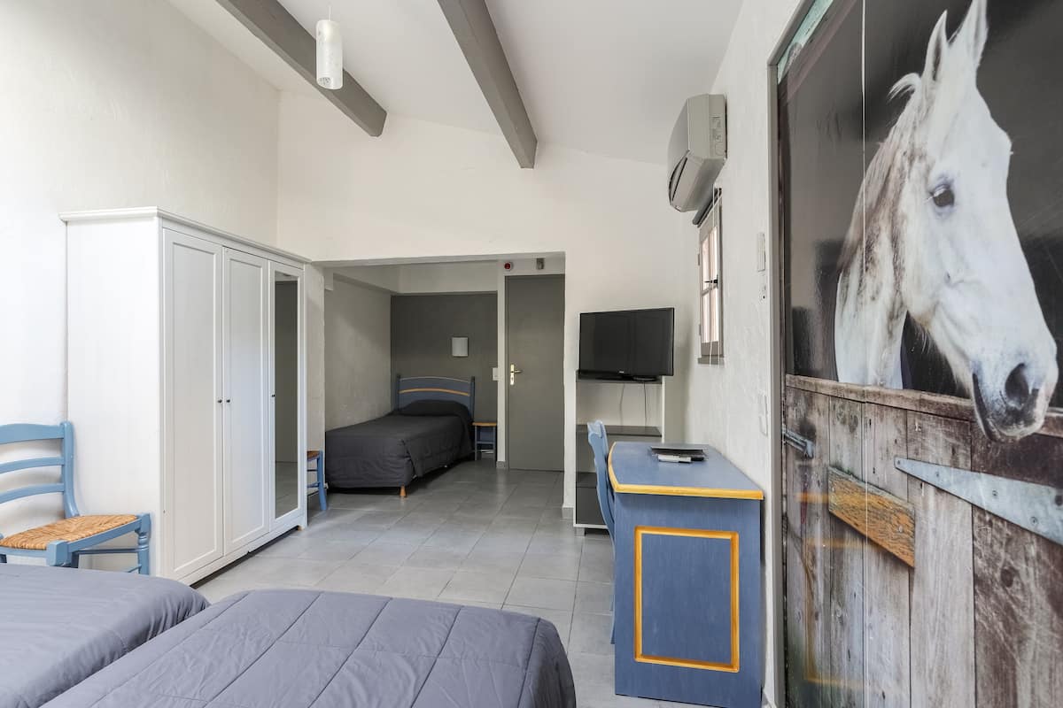 Ein Schlafzimmer mit Bett, Schreibtisch, Kleiderschrank und Fernseher.