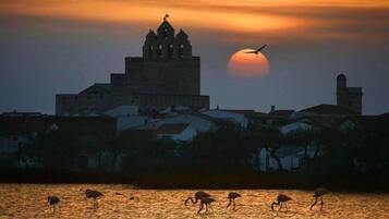 Un coucher de soleil sur une ville, avec un bâtiment imposant doté de plusieurs tours.