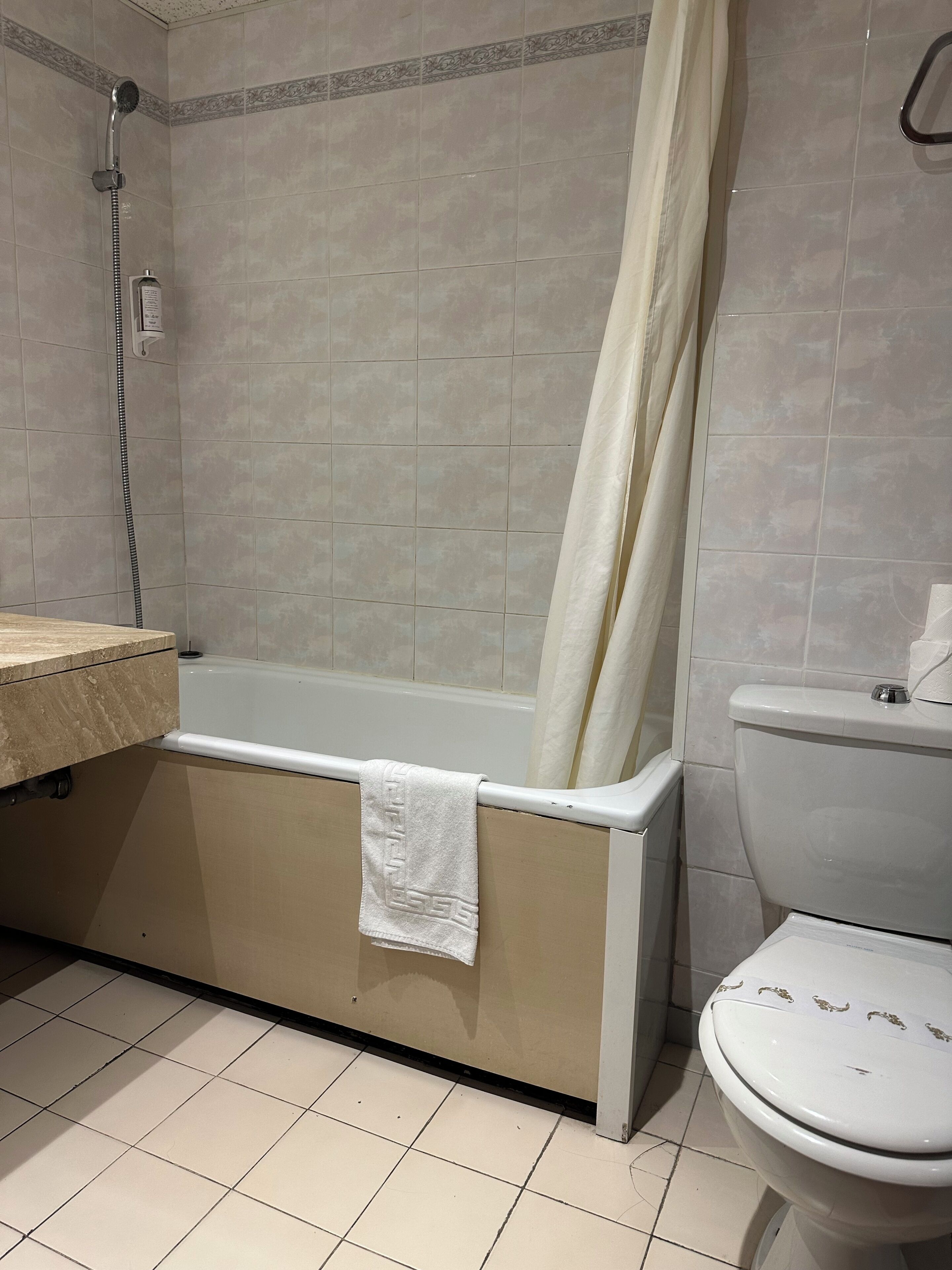 Un bagno con vasca, WC e doccia.
