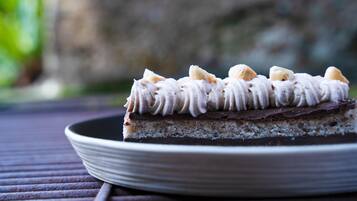 A slice of cake on a plate.