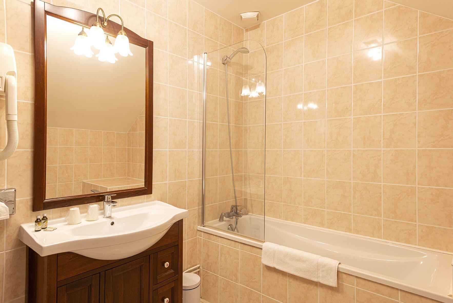 combined shower/bathtub, rainfall showerhead, towels