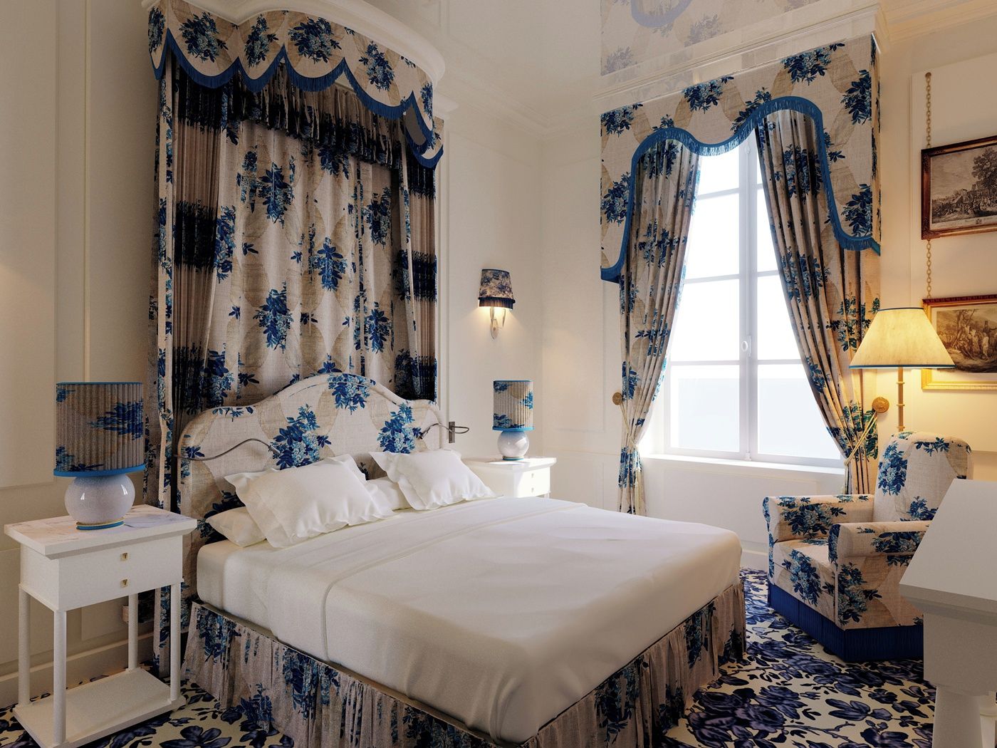 A bedroom with a large bed, two bedside tables, a chair, and curtains with a floral pattern.