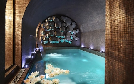 A spa area with a water feature, lotus flowers, and a decorative wall.