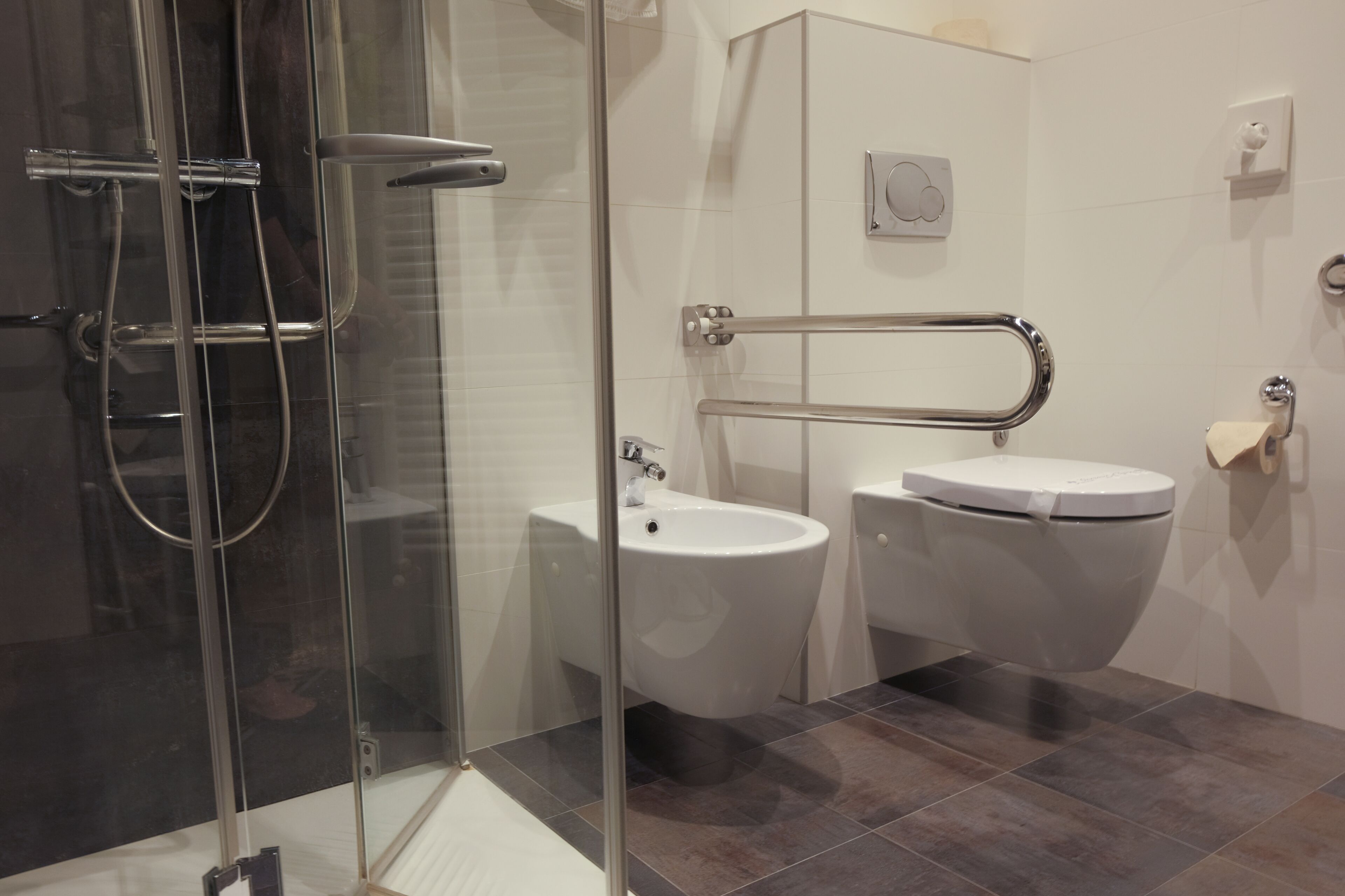 Une salle de bain moderne avec une douche à parois de verre, un bidet et des toilettes.