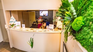 A reception desk with a flat-screen TV mounted above it, a plant to the right, and a phone on the left. - Splendid Hôtel Camargue (Le Grau-Du-Roi)